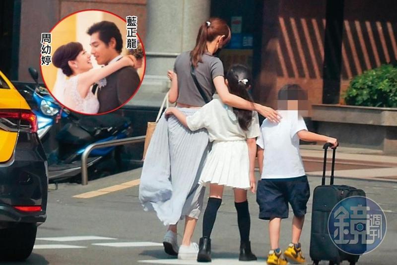 6月24日14：59周幼婷帶孩子回家，兒子拖著小行李箱，女兒摟著討抱。（圖／翻攝自Joanna Wedding 經典婚紗臉書、鏡週刊）
