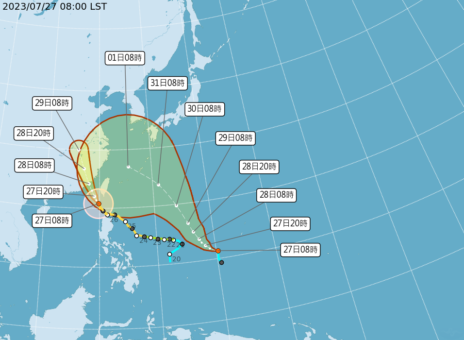 台灣附近海面又有一個熱帶性低氣壓正在發展當中，預估今明有機會生成為今年第6號颱風「卡努」。（中央氣象局提供）