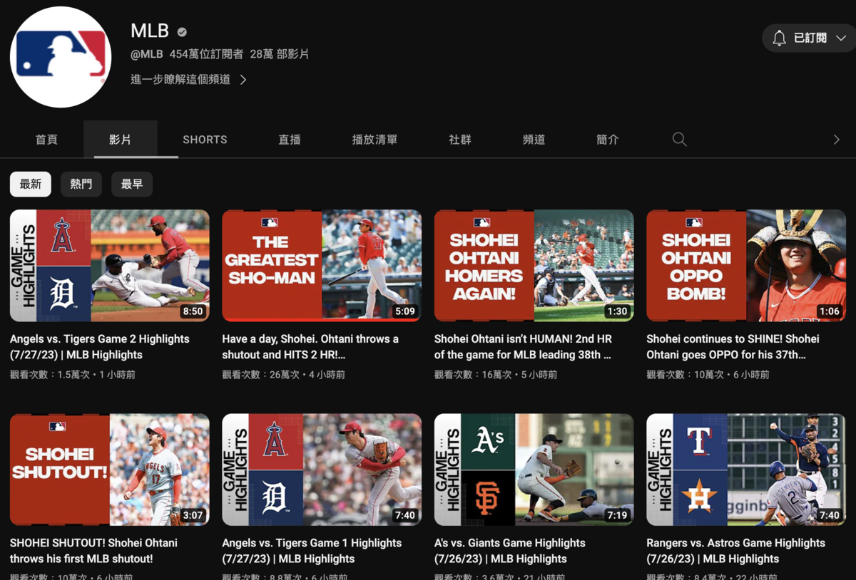 MLB官方社群今日用大谷翔平洗版，YouTube連5支影片都是大谷翔平。（圖／翻攝自YouTube@MLB）