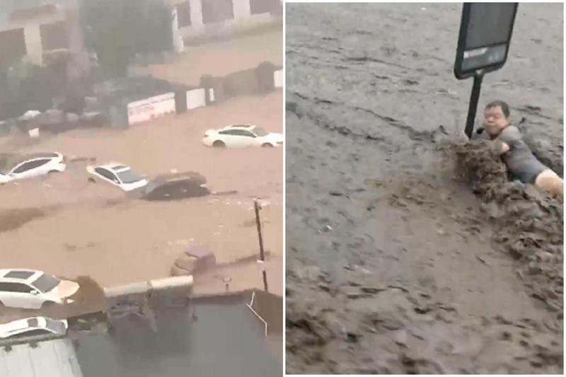 北京河北下破紀錄暴雨，道路變河流慘漂浮屍！多輛車連人被沖走生死未卜。（圖／翻自微博+推特）