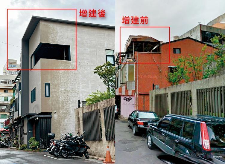 蓓蓓位在台北市天母的透天厝3樓前陽台（左圖紅框處），被建管處認定是增建違建；蓓蓓的透天厝原本是開放式平台（右圖紅框處），上有鐵皮屋頂。（右圖翻攝Google Maps）