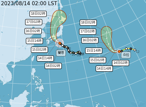 8月14日02時太平洋地區有2個颱風：蘭恩、朵拉。（翻攝自中央氣象局）
