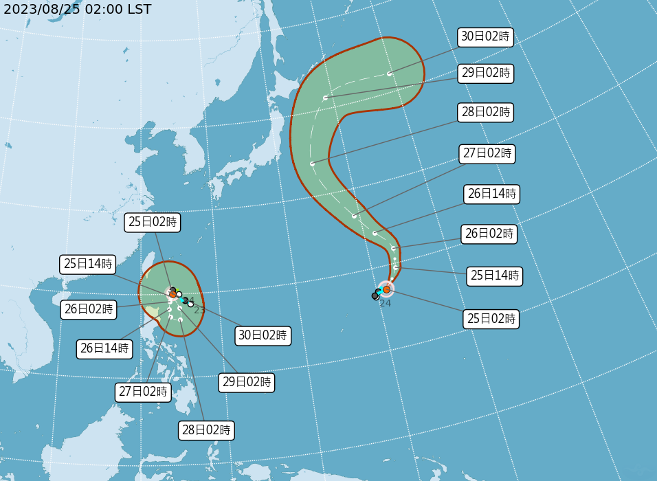 中央氣象局說明颱風路徑潛勢圖。（翻攝自中央氣象局）