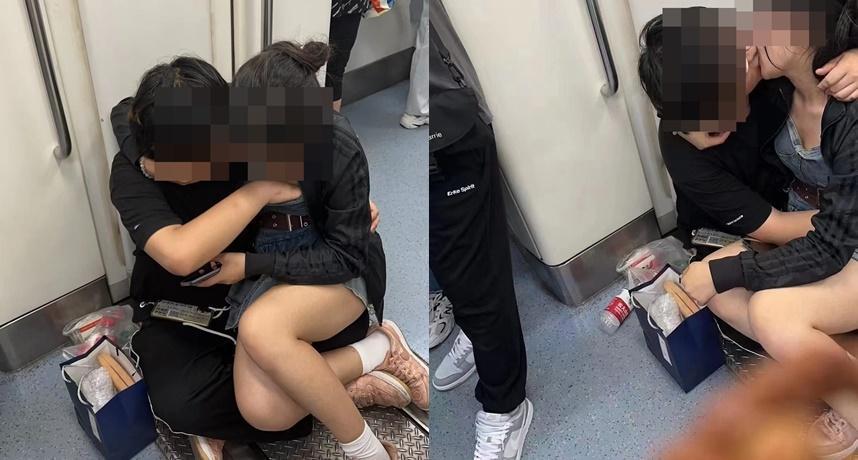 男女不顧四周有人，公然在地鐵車廂內激吻，畫面引起熱議。（圖／翻攝自臉書社團「大埔 TAI PO」）