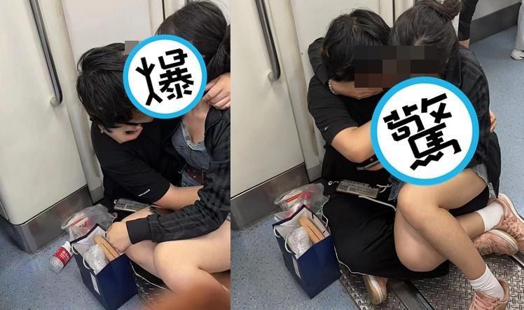 一對男女在地鐵車廂內進行親密舉動，畫面被一旁路人拍下。（圖／翻攝自臉書社團「大埔 TAI PO」）