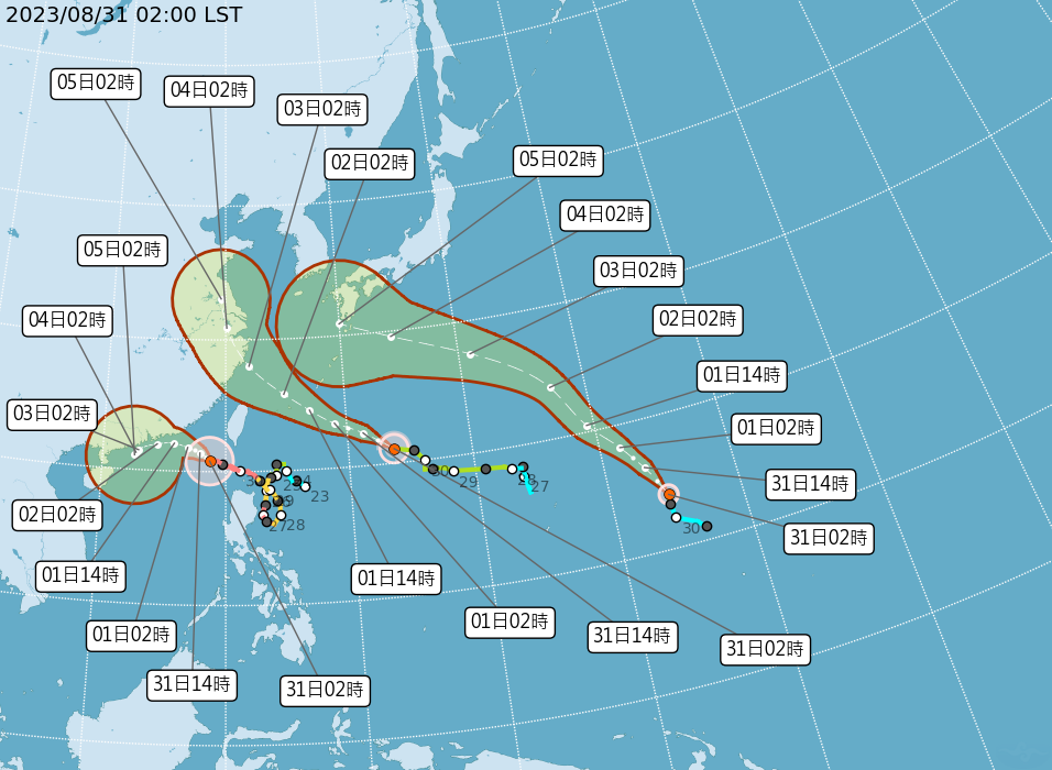 目前西北太平洋共有3個颱風。（氣象局提供）