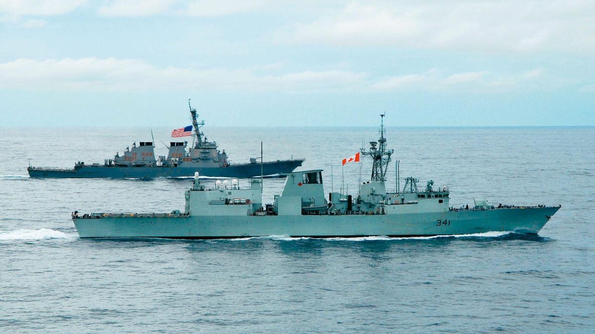 美國、加拿大軍艦9日聯合通過台灣海峽，實踐對開放印太的承諾。（圖／翻攝中國智庫微博）