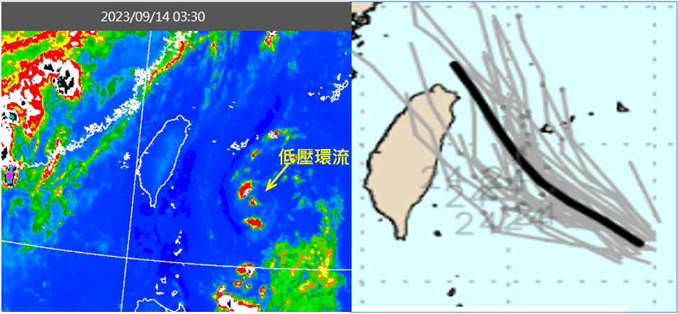 今晨3：30紅外線色調強化雲圖顯示，台灣東方海面有一低壓環流（左圖）。最新美國系集模式模擬，其路徑向台灣東北方海面（右圖）。（右圖擷自weathernerds／「三立準氣象.老大洩天機）